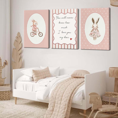 3Pcs Bunny Nursery Canvas Wall Art Pink Baby Nursery Wall Decor Pictures Cute Rabbit Posters Prints For Toddler Room Playroom Bedroom Home Decoration