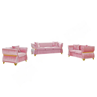 Ensemble de canapé moderne en velours 3 pièces pour le salon, ensemble de canapé rembourré avec garniture en métal doré, pieds fuselés dorés et accoudoirs courbés, avec fauteuil, causeuse et canapé 3 places, rose