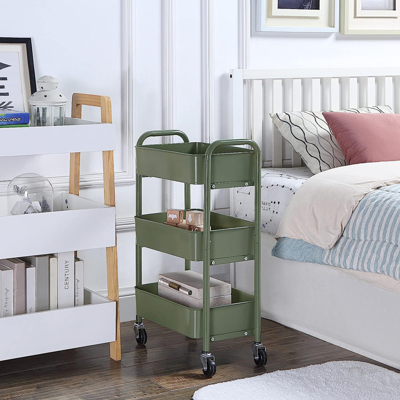 Army Green Metal 3-Tier Rolling Storage Cart