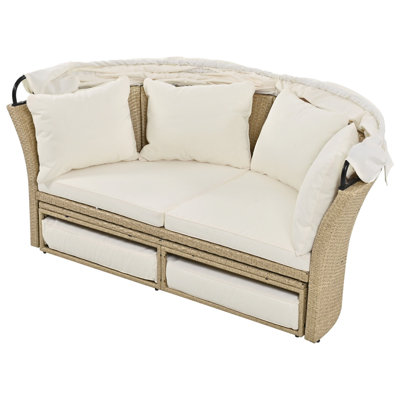 Outdoor Patio Daybed Wicker Rattan Double Daybed Round Sofa Furniture Set With Retractable Canopy, 4 Pillows For Lawn Garden Backyard Porch Pool, Beige