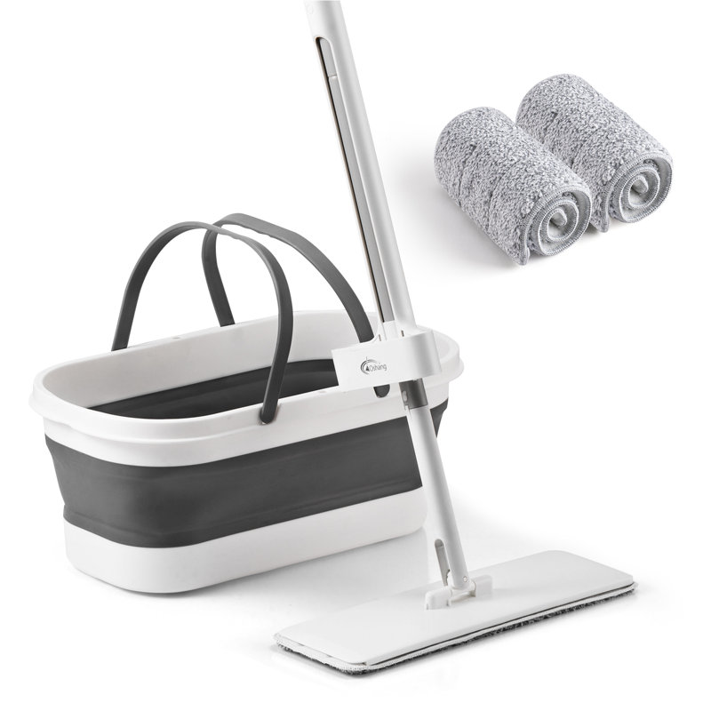 Oshang Flat Mop and Collapsible Bucket OG7, Foldable Bucket with Wheels, 2 Washable Mop Pads