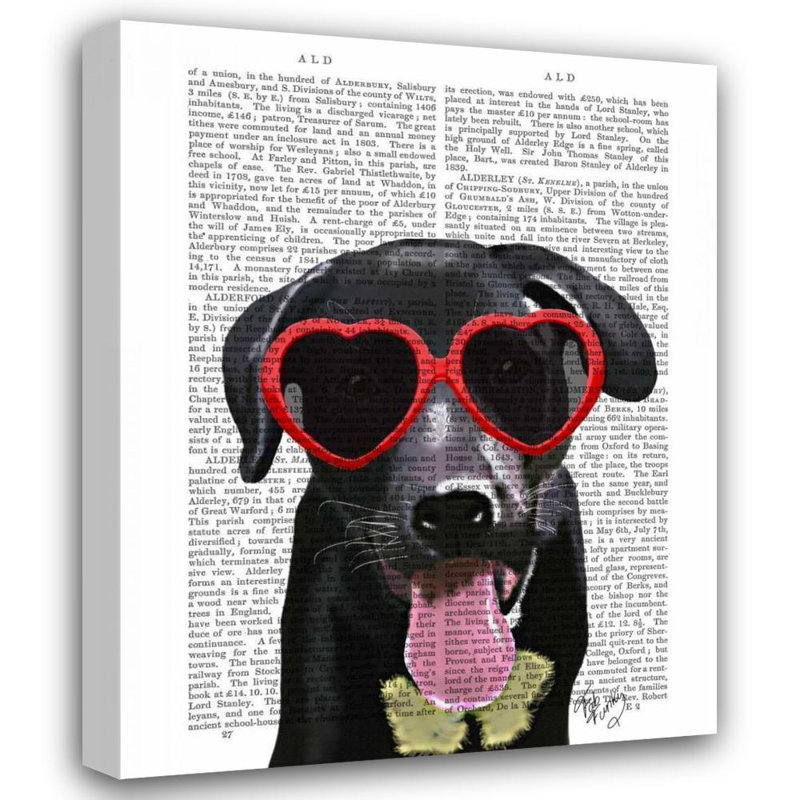 «Bungalow Rose Fab», reproduction d'art sur toile tendue, Labrador noir avec lunettes de soleil en forme de cœur
