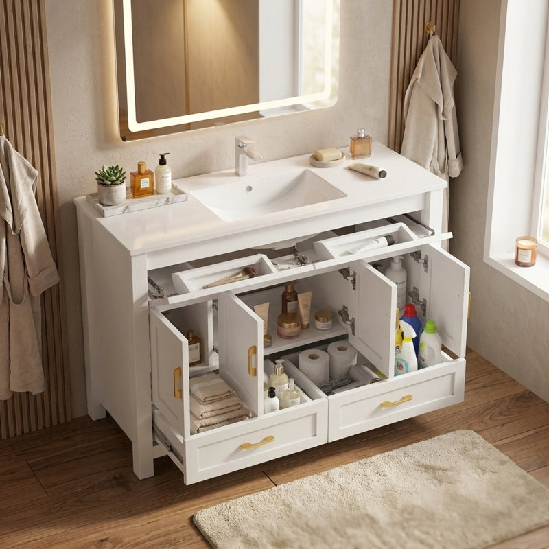 Meuble-lavabo sur pied 48 po avec lavabo, meuble-lavabo autoportant avec portes et tiroirs à fermeture en douceur, beaucoup de rangement