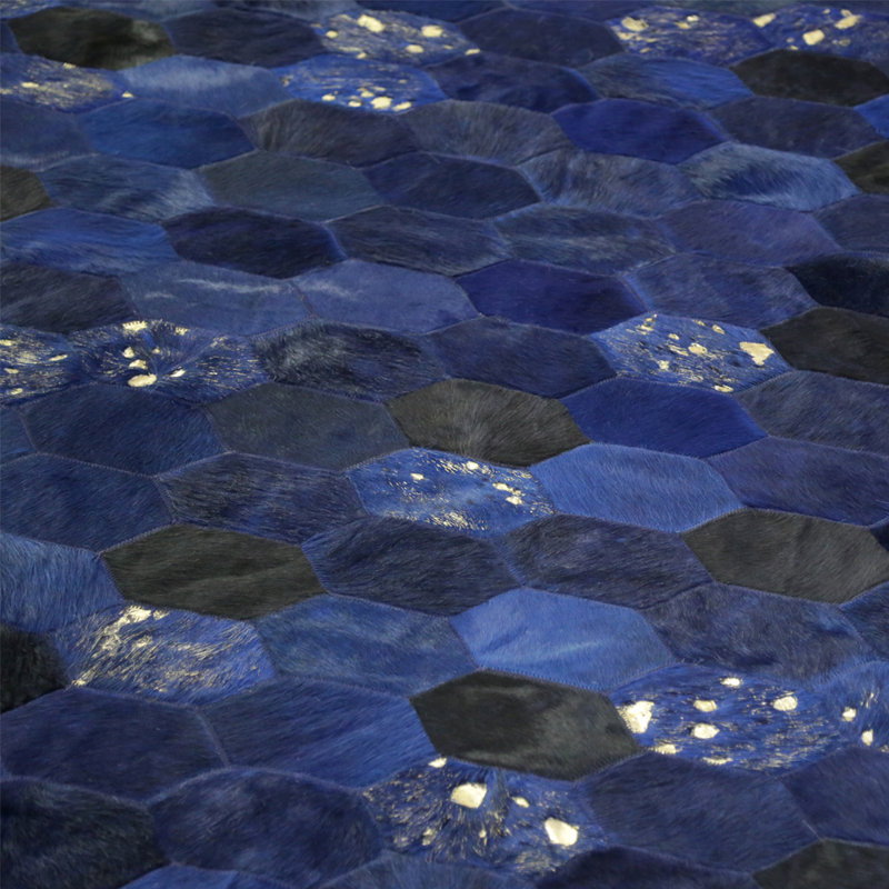 Cowhide Geometric Area Rug in Blue, Runner 2'7" x 6'6"