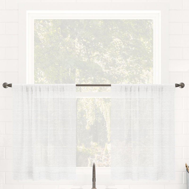Clean Window Aya Textured Slub Stripe Linen Blend Sheer Rod Pocket Kitchen Curtain Tier Pair, White, 52" W x 36" H