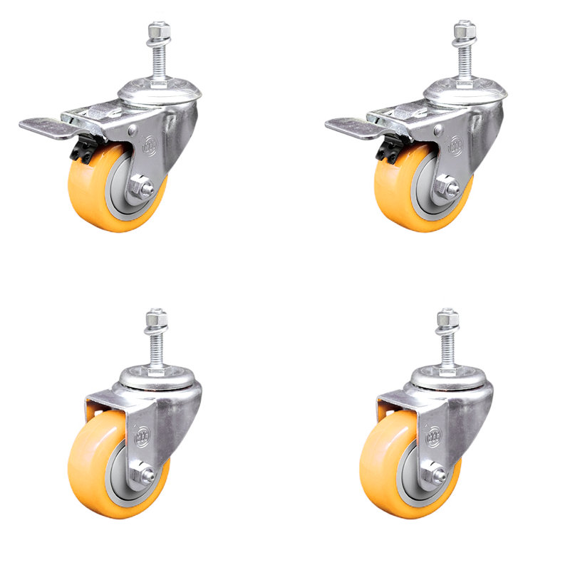 3 Inch SS Yellow Polyurethane 3/8 Inch Threaded Stem Caster Set 2 Total Lock Brake