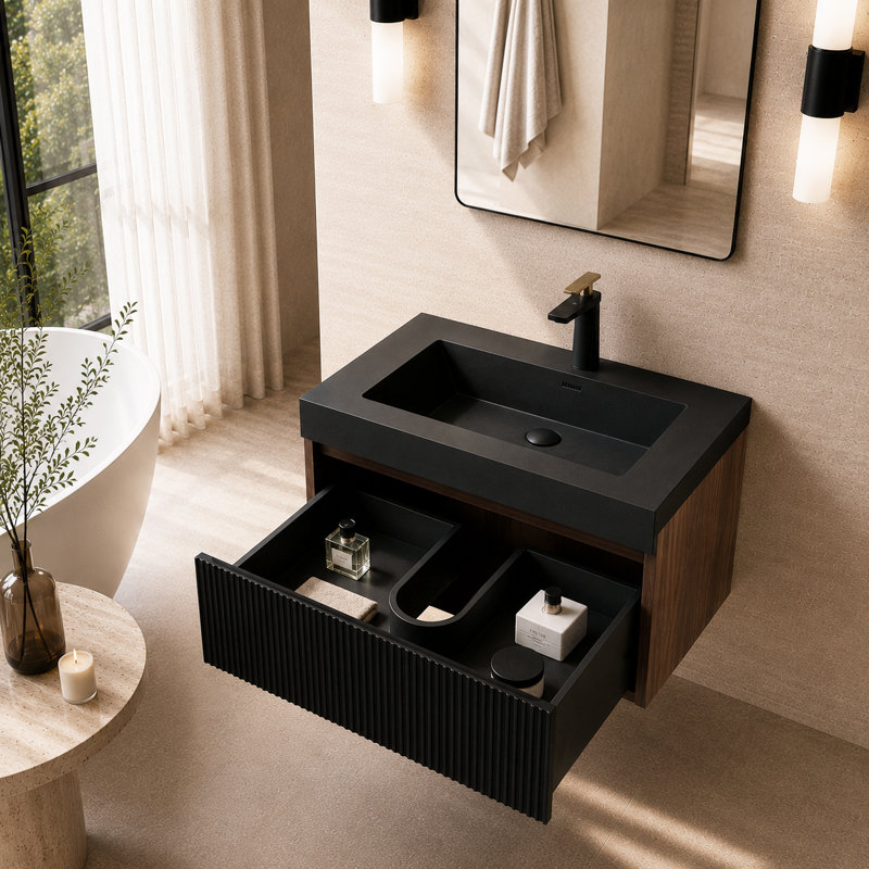 Meuble-lavabo flottant en noyer fumé 24 po VEXEL, Noir, 24 po