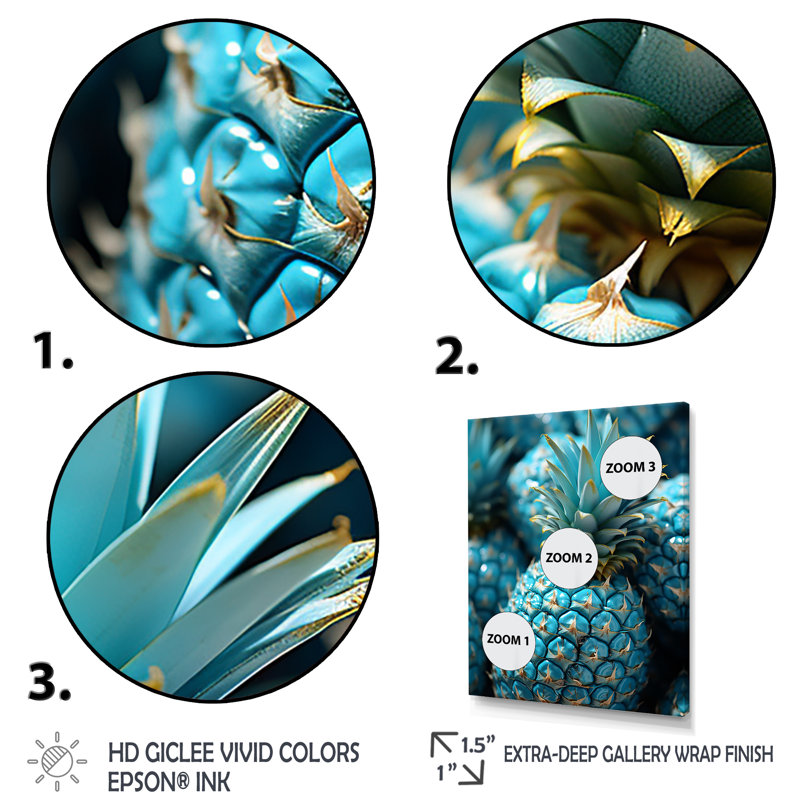 «Blue Pineapples Photo I», art mural ananas, Cadre photo noir, H 44 po x l 34 po x P 1,5 po
