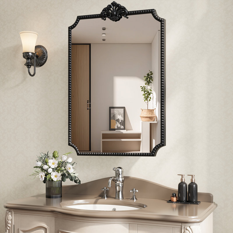 24"x35" Vintage Rectangle Medicine Cabinet with Mirror, Wall Mounted Bathroom Storage with Recessed/Surface Mount Options, Baroque Retro Design,Silver Beaded Border, Easy Installation