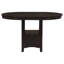 Ensemble de salle à manger avec table ronde extensible, tabourets noirs et piètement central, rangements ouverts et fermés, forme ovale, finition soignée, pour une utilisation pratique.
