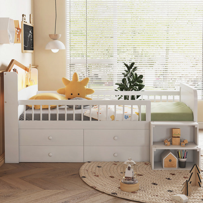 Lit en bois avec tête de lit en forme de maison, lit avec tiroirs de rangement, Blanc