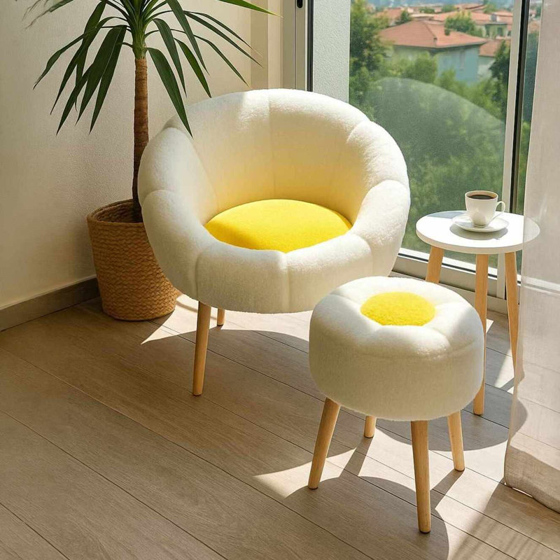 Ensemble de fauteuil à oreilles et table d'appoint (2 pièces), White/Yellow Polyester Blend