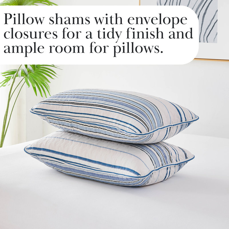 Coastal Stripes Collection Reversible Quilt Set, King Quilt + 2 Standard Shams, Blue