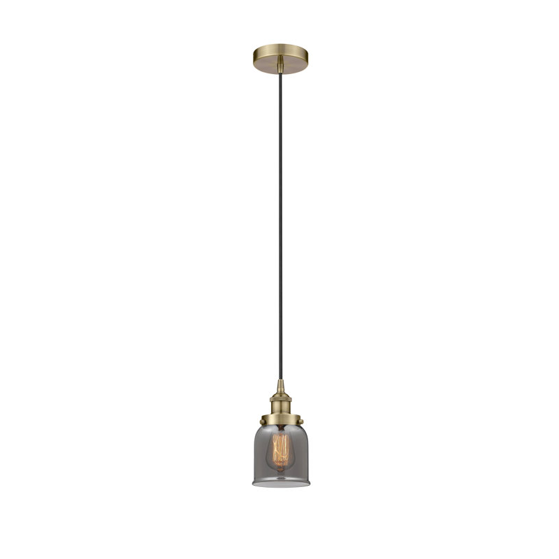 Bell - Mini luminaire suspendu 5 po à 1 lumière - Finition laiton antique - Abat-jour fumé clair, Laiton, gris