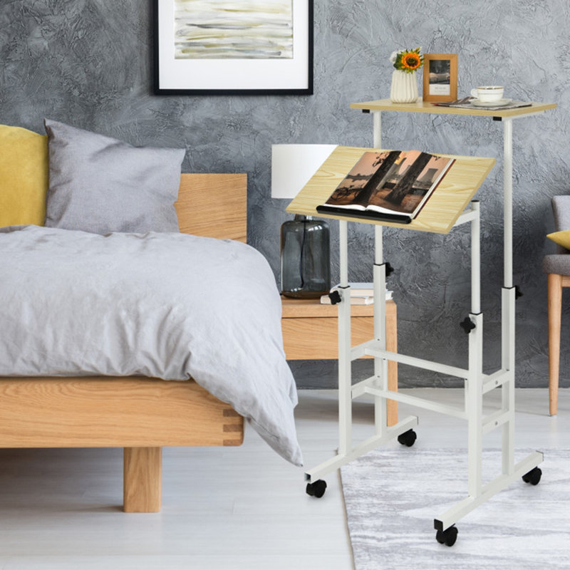 Bureau mobile à hauteur ajustable avec roulettes, Naturel / Blanc