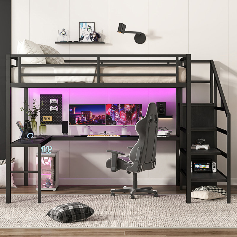 Queen Size Loft Bed With L-Shaped Desk And USB, Metal Loft Bed With Wardrobe And Adjustable Shelf