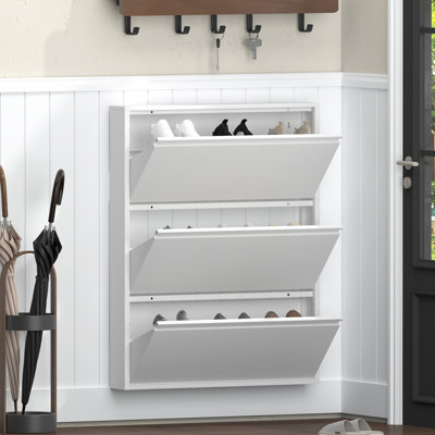 Modern Minimalist Shoe Cabinet with 3 Flip Drawers, Wall Mounted Shoe Organizer, Narrow Slim Hidden Shoe Rack Storage for Entryway