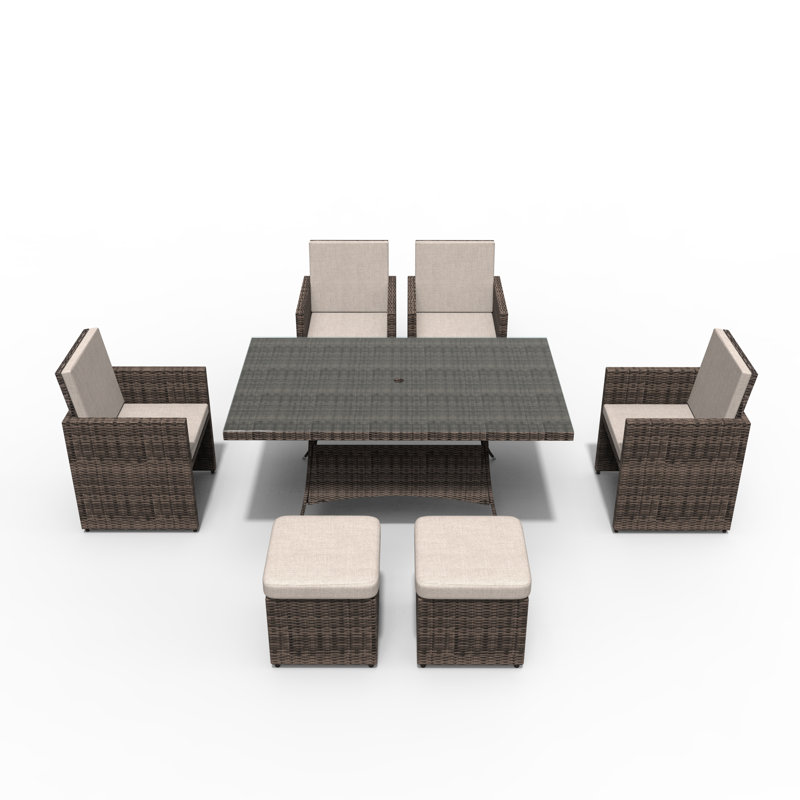 6 - Person Wicker Patio Dining Set with Rectangular Table , Cushions Included, Brown