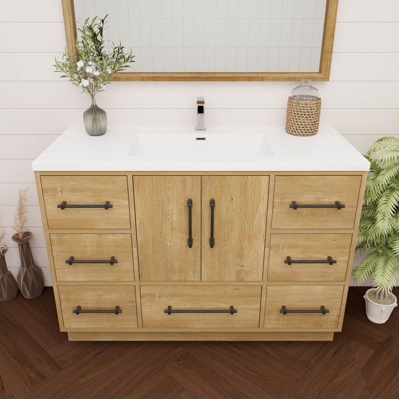 Victoria Oak Finish Freestanding Single Bathroom Vanity with Acrylic Top