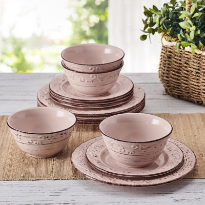 Pfaltzgraff Trellis Pink 12-Piece Dinnerware Set, Service For 4