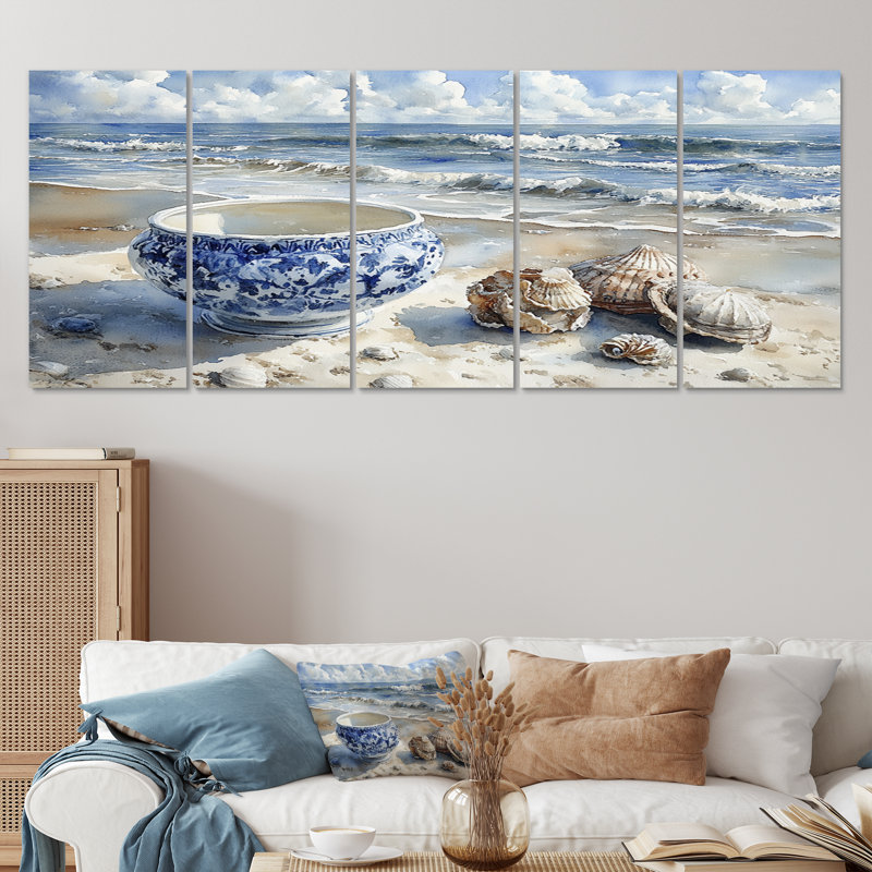 Plage, poterie en tons de bleu et blanc III - ensemble d'art mural de poterie de plage, H 28 po x l 60 po