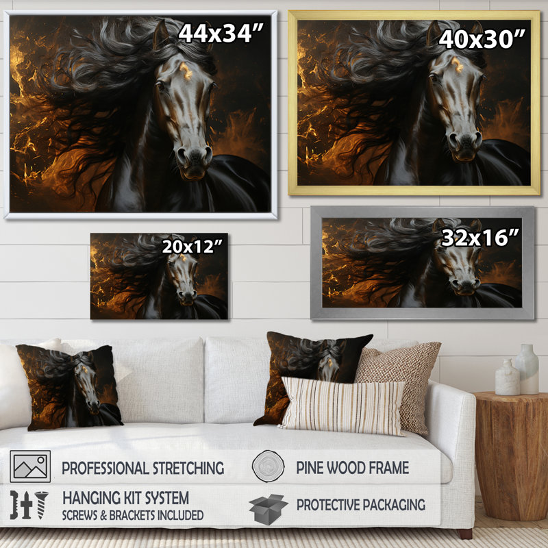 «Black Yellow Horse Vibrant Gold Equine II», reproduction d'art sur toile, Cadre photo noir, H 34 po x l 44 po x P 1,5 po