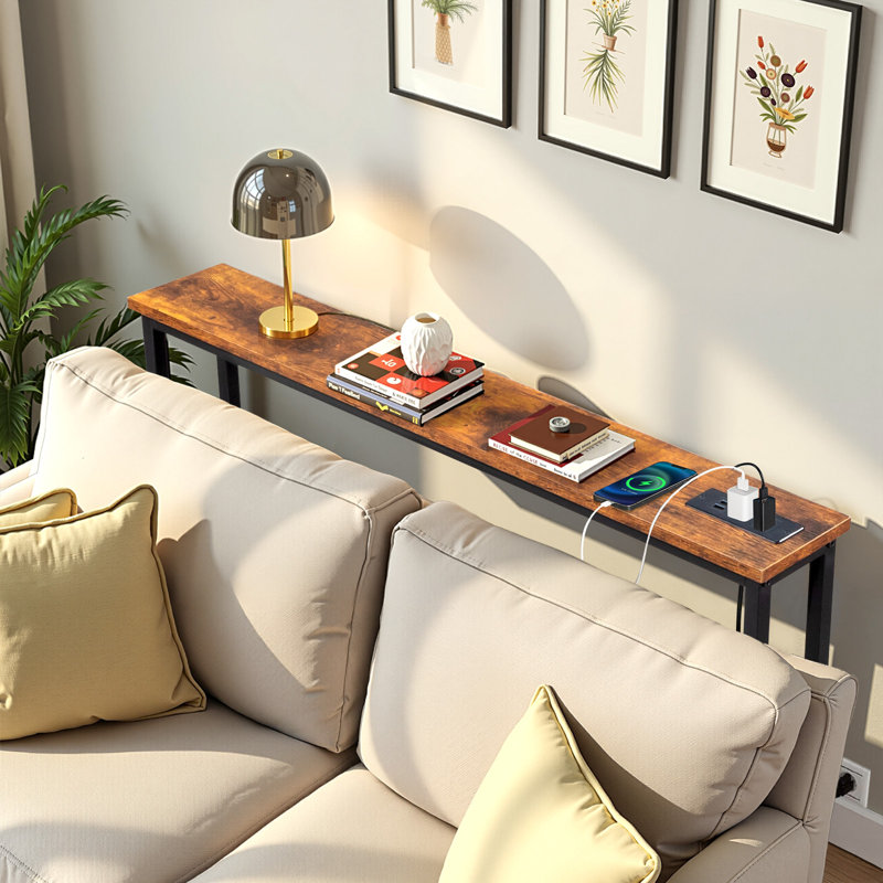 39.37''Narrow Console Sofa Table  With Outlets And USB Port Foyer Table, Brown