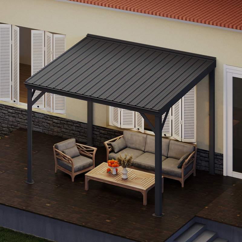 Patio Gazebo Lean to Wall Mounted Pergola with Sloping Galvanized Steel Roof, 92.04" H x 120" W x 96" D