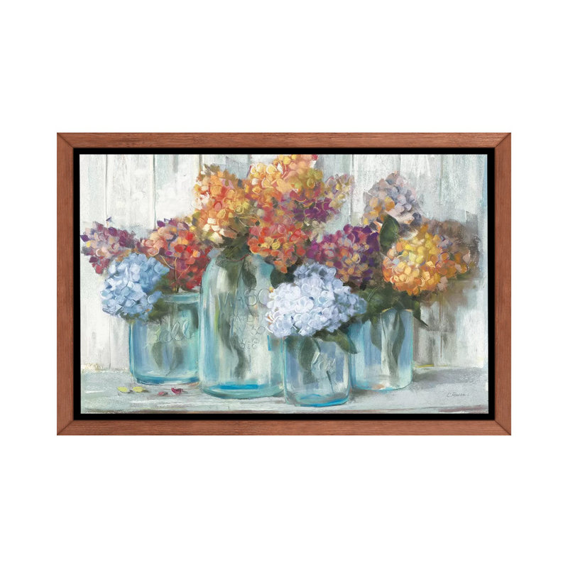 «Hortensias d'automne dans un bocal en verre» par Carol Rowan, Toile avec cadre en bois classique