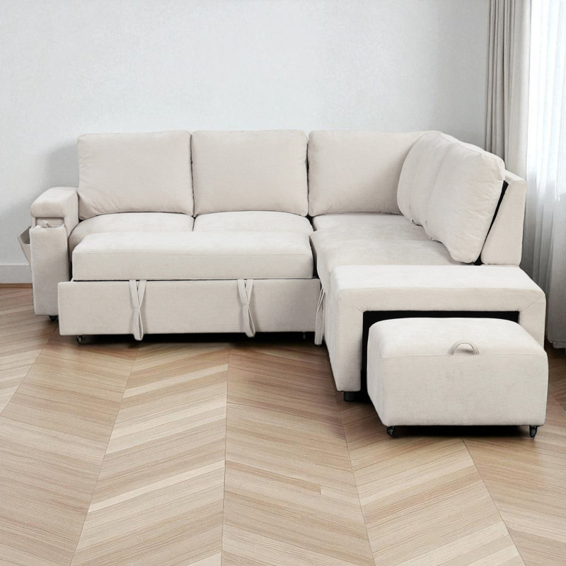 Canapé-lit modulaire en L rembourré avec ports USB, repose-pieds et rangement, Beige