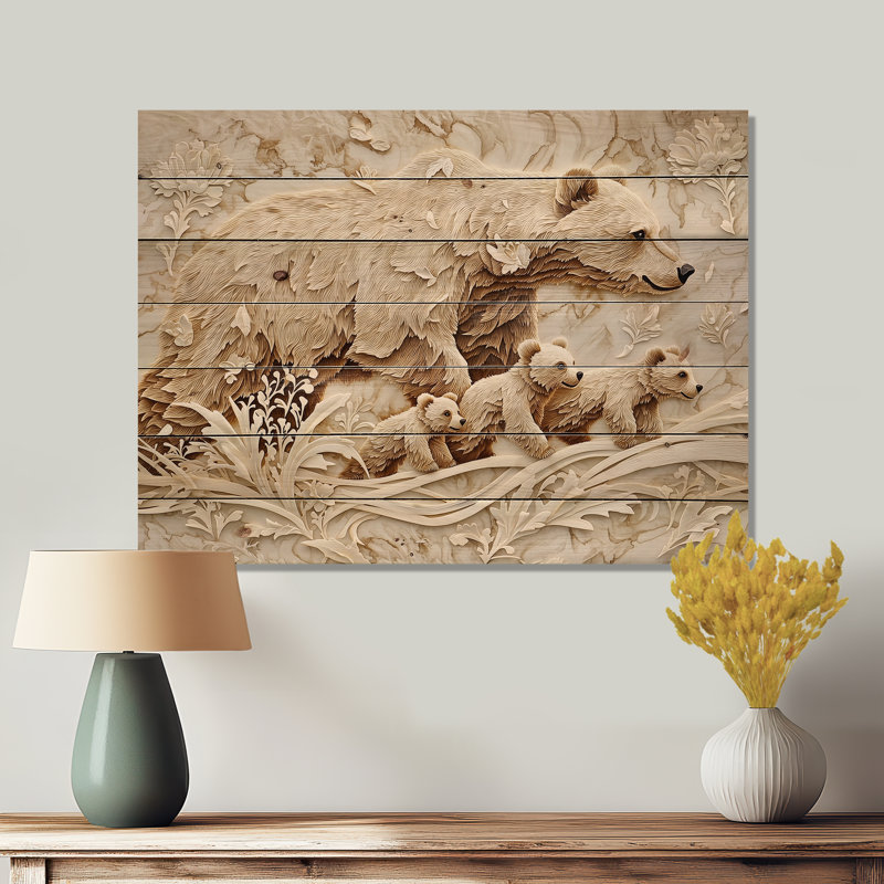 Mère ours et petits II - Art mural moderne sur bois de pin naturel, H 10 po x l 20 po