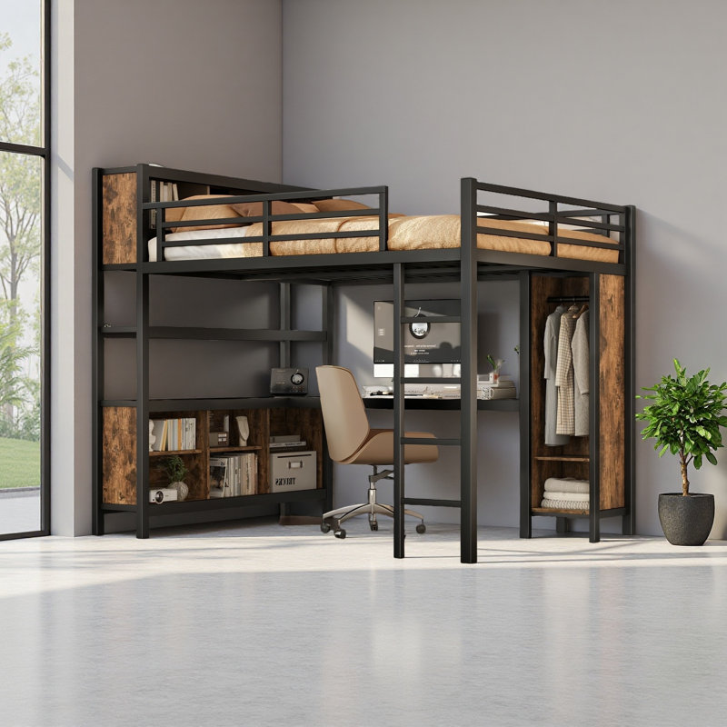 Metal Loft Bed With Wardrobe And L-Shaped Desk