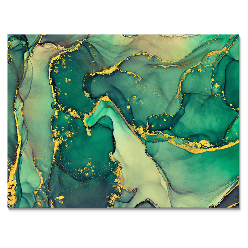 Turquoise et or luxueux abstrait fluide I - peinture sur toile, Toile tendue, H 16 po x l 32 po x P 1 po