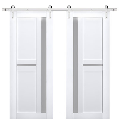 Porte de grange double robuste avec verre dépoli Veregio 7288 Blanc Soie, supports de rail de 4 m (13 pi), portes intérieures à panneaux pleins et lourds - 91,4 cm x 203,2 cm (2 x 45,7 cm x 203,2 cm) - Rail argenté