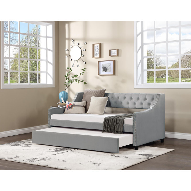 Upholstered and Tufted Daybed with Trundle, Designed as a Sofa Bed Features Buttons and Copper Nails on the Arms., Grey