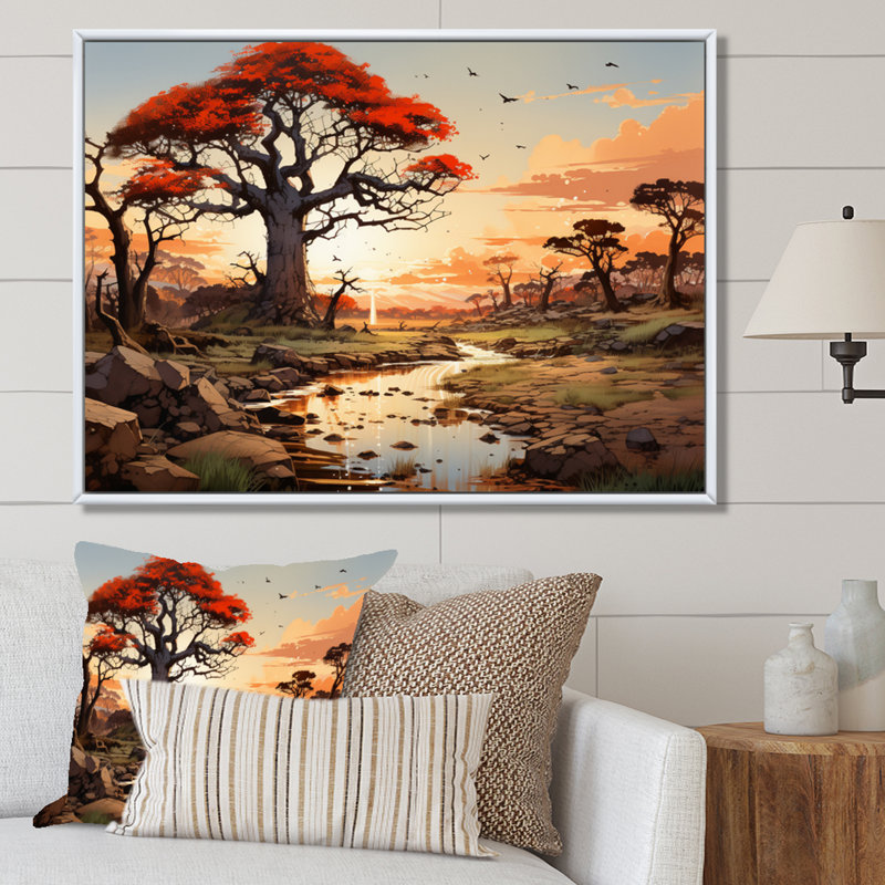 «African Baobab Tales II» sur toile, Cadre flottant blanc, H 30 po x l 40 po x P 1,5 po