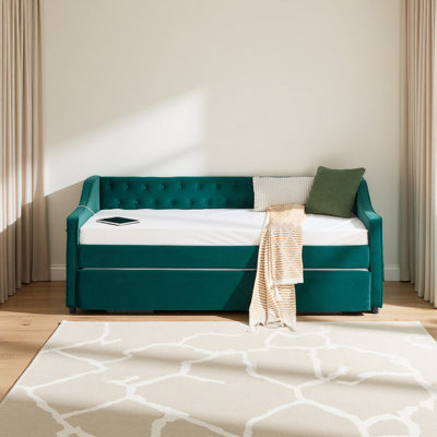 Twin Size Upholstered Daybed With Trundle,USB Port ,Side Pockets,Velvet Daybed With Button On Back And Piping On Waved Shape Arms For Bedroom Guest Room