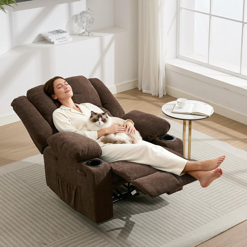 Manual Recliner Chair, Overstuffed Fabric Reclining Chair with Side Pockets & Steel Frame, 300LB, Brown