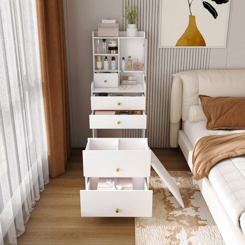 Coiffeuse 3 en 1 avec miroir à DEL et tabouret de rangement - coiffeuse de maquillage compacte avec 4 tiroirs, armoire de rangement et tabouret caché, panneau de densité, bibliothèque ouverte pour l'organisation de la chambre à coucher