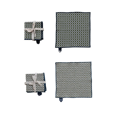 Woven Cotton Dish Cloth Set With Pattern And Stitched Edge