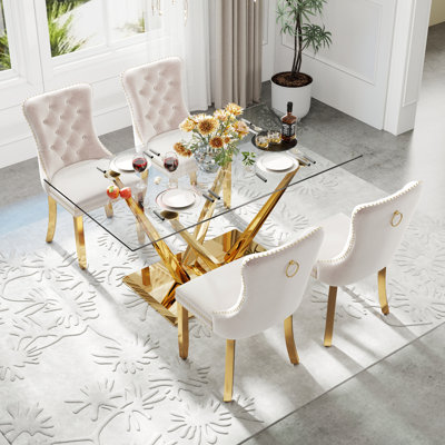 Ensemble de salle à manger à piédestal rectangulaire moderne en verre trempé avec chaise de salle à manger capitonnée en velours