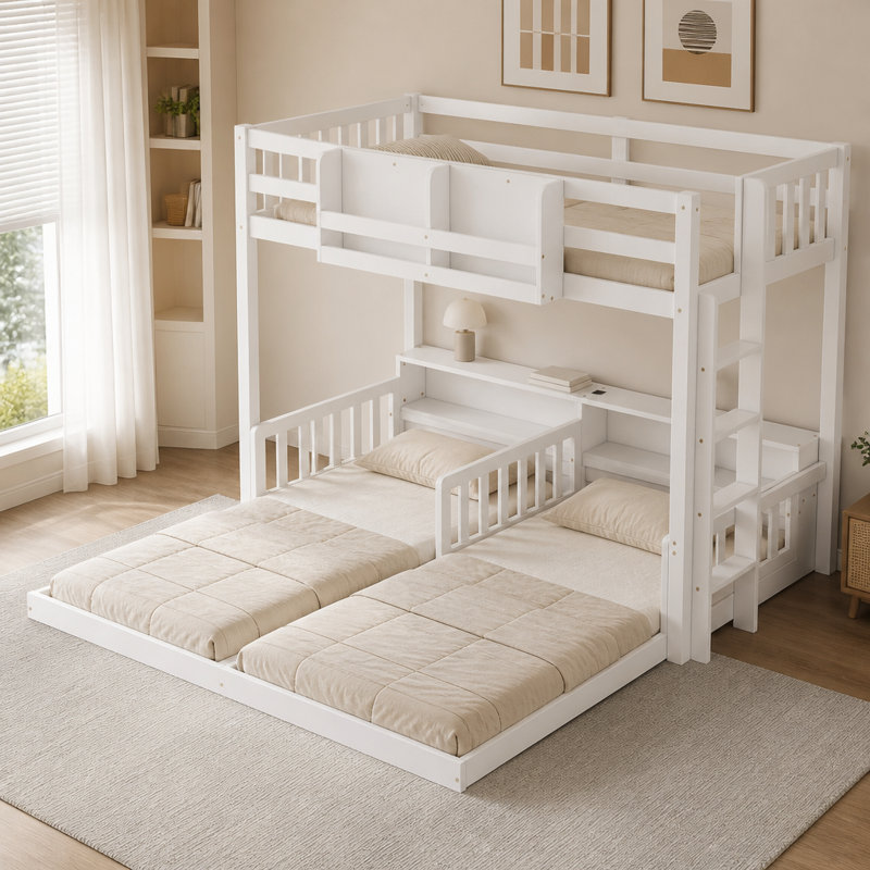 Triple Bunk Bed with Storage Shelves, Blanc