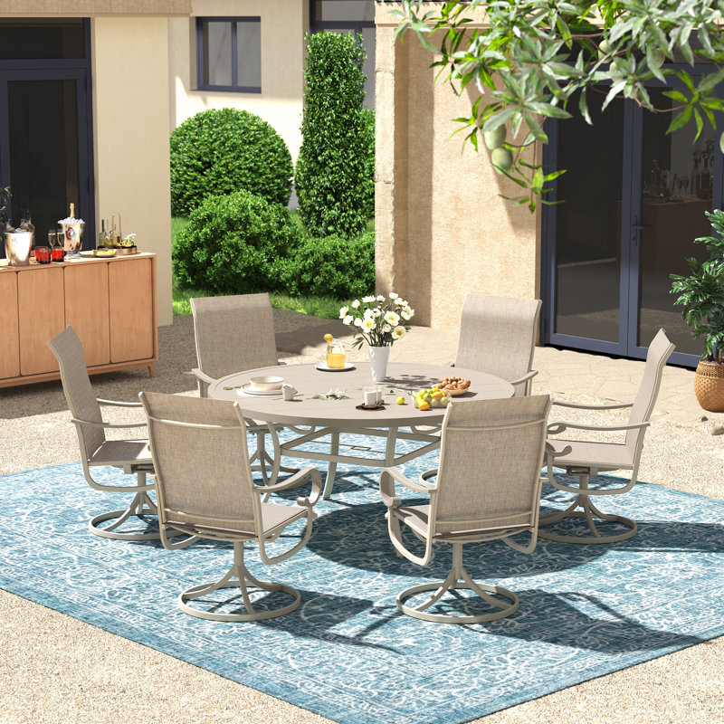 6-Person Patio Dining Set with 50" Round Metal Dining Table and 6 Swivel PVC-coated polyester Chairs, Cream/Sandshell