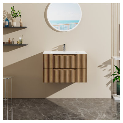 Meuble-lavabo mural de 76 cm (30 po) avec lavabo en céramique, fini noyer, tiroirs à fermeture amortie, ensemble de meubles suspendus modernes
