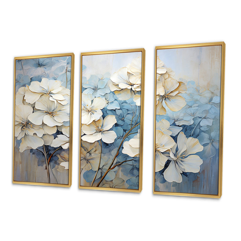 Minimalisme blanc et bleu géraniums - ensemble d'art mural sur toile géraniums, Cadre flottant doré