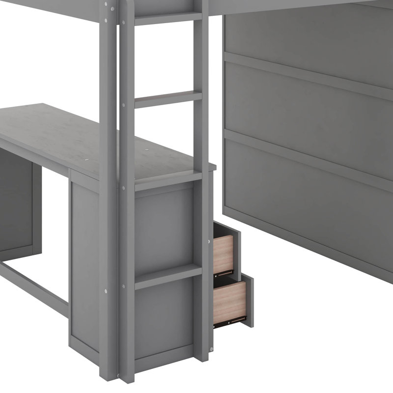 Lit mezzanine double avec placards et bureau, Gris, Lit double