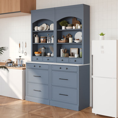 83.7"Tall Storage Cabinet,Freestanding Tall Kitchen Hutch with Faux Marble Top,Set of 2