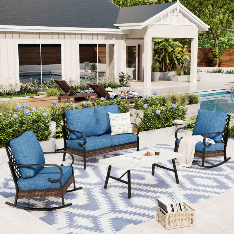 4-Person Patio Furniture Set With Rocking Lounge Chairs, Peacock Blue