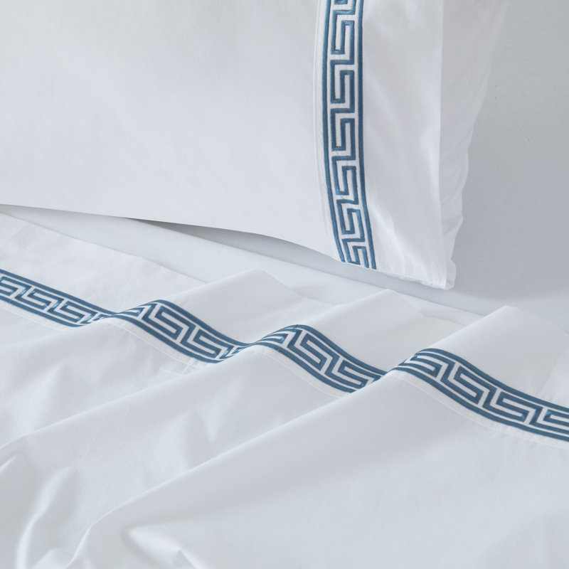 Ensemble de draps en coton brodé Greek Key, ensemble de literie 4 pièces avec drap-housse 16 pouces, Très grand lit