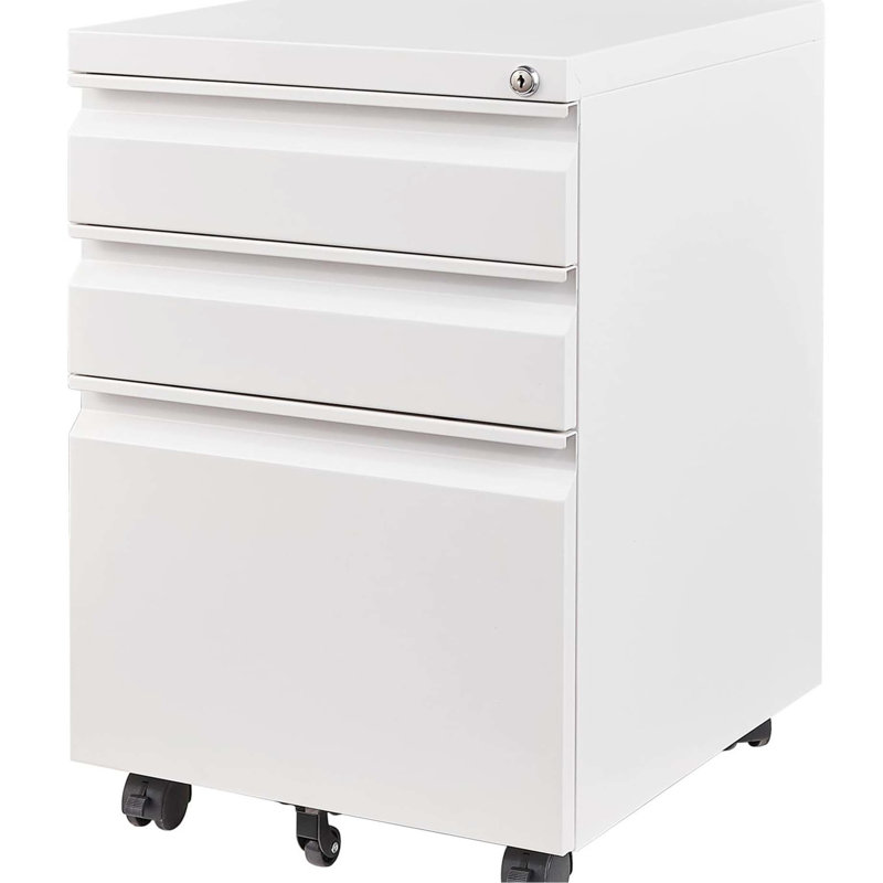 Classeur blanc 3 tiroirs avec serrure pour le bureau. Unité en métal entièrement assemblée. Convient aux lettres / format légal / A4. Gestion sécurisée des dossiers. Les tiroirs ont un plateau à crayons amovible. Déplacement sans effort sur 5